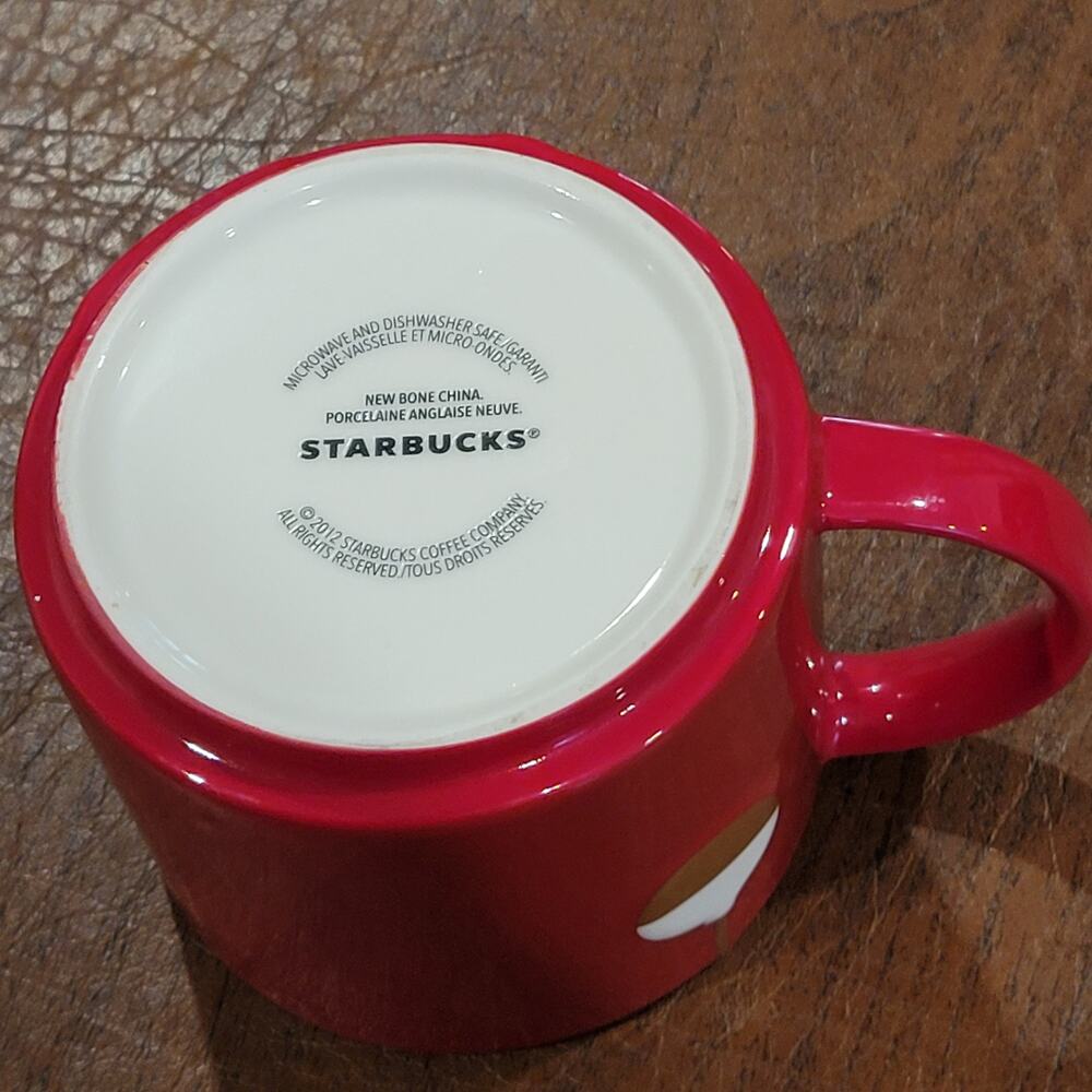 Starbucks 2012 Red Christmas Holiday Coffee Mug Gold White Ornaments - Picture 7 of 8